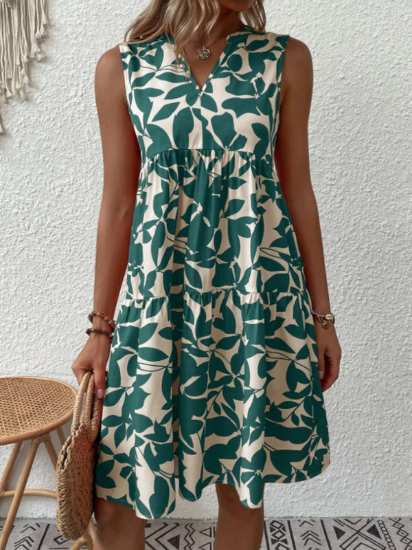 Floral Print Sleeveless Dress with V Neck and Pleated Skirt Midi Dresses MyDresses 