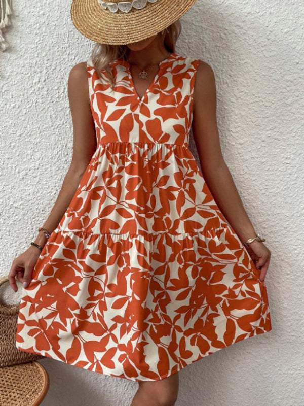 Floral Print Sleeveless Dress with V Neck and Pleated Skirt Midi Dresses MyDresses 