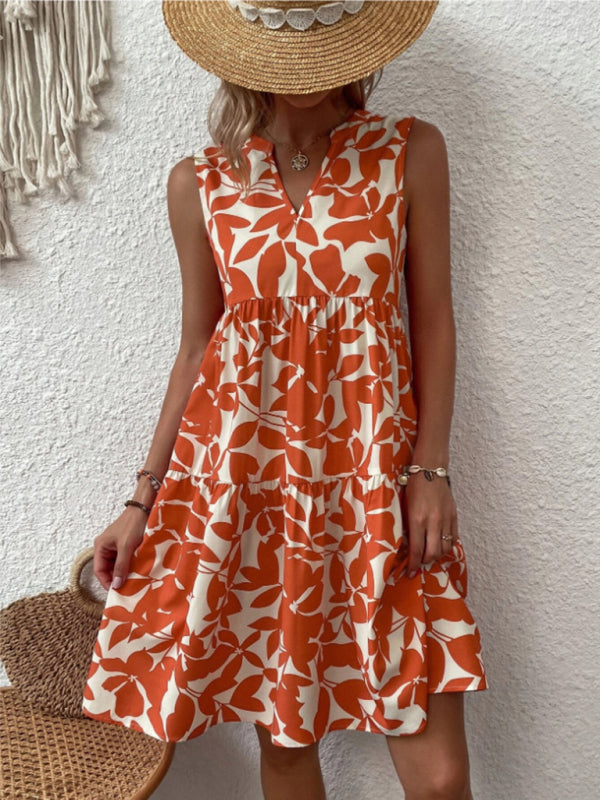 Floral Print Sleeveless Dress with V Neck and Pleated Skirt Midi Dresses MyDresses 