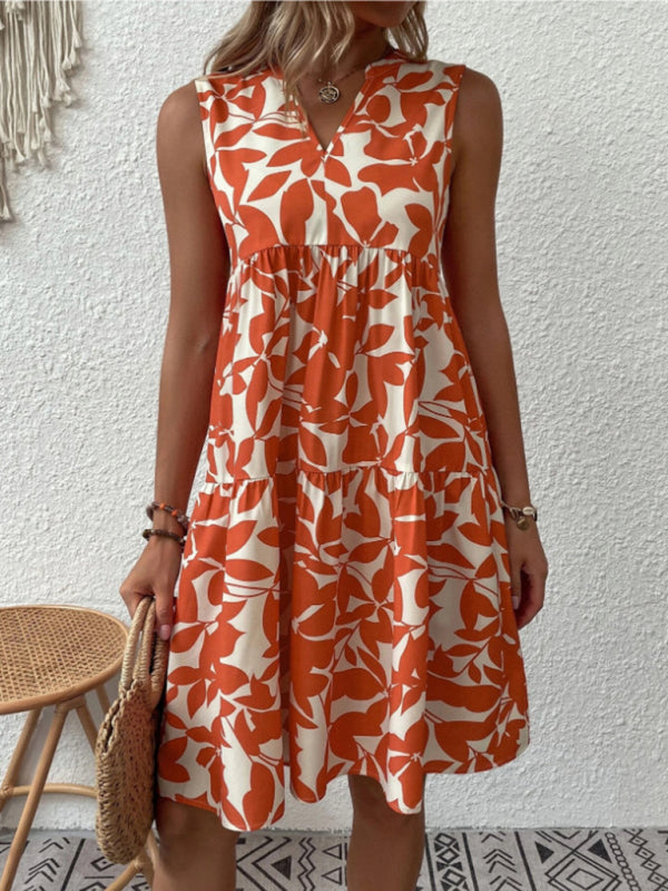 Floral Print Sleeveless Dress with V Neck and Pleated Skirt Midi Dresses MyDresses Orange 8 | S 