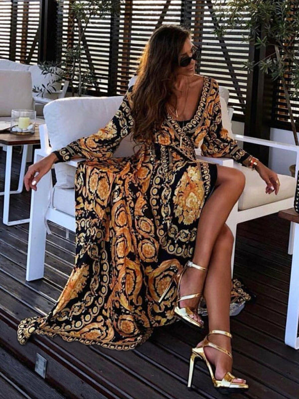 Bohemian Maxi Dress with Golden Print and High Slit Maxi Dresses MyDresses 