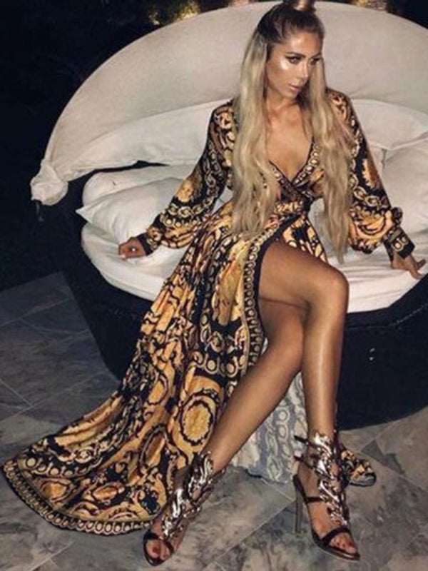 Bohemian Maxi Dress with Golden Print and High Slit Maxi Dresses MyDresses 