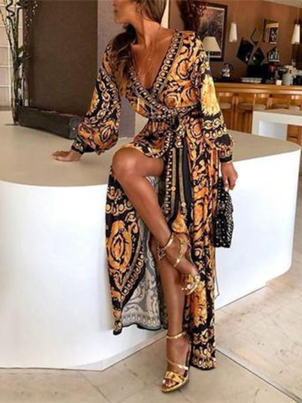 Bohemian Maxi Dress with Golden Print and High Slit Maxi Dresses MyDresses Golden Yellow 8 | S 