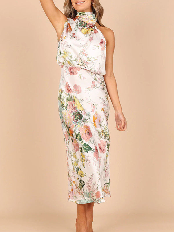 Halter Neck Satin Midi Dress with Floral Print Midi Dresses MyDresses 