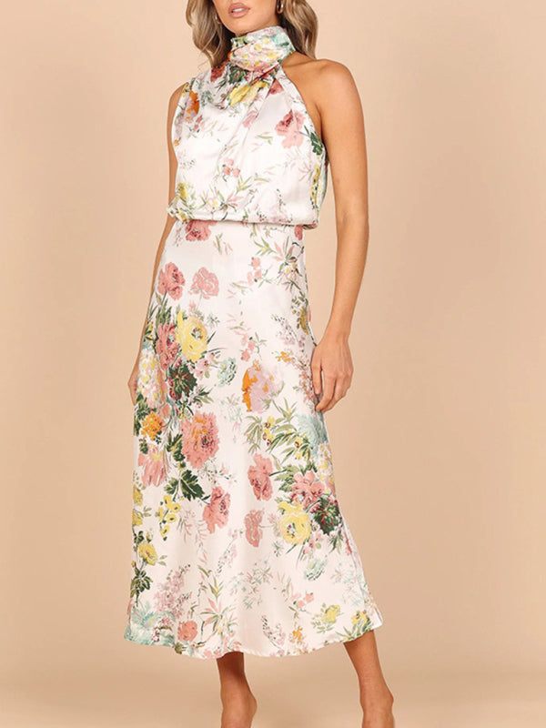 Halter Neck Satin Midi Dress with Floral Print Midi Dresses MyDresses White 8 | S 