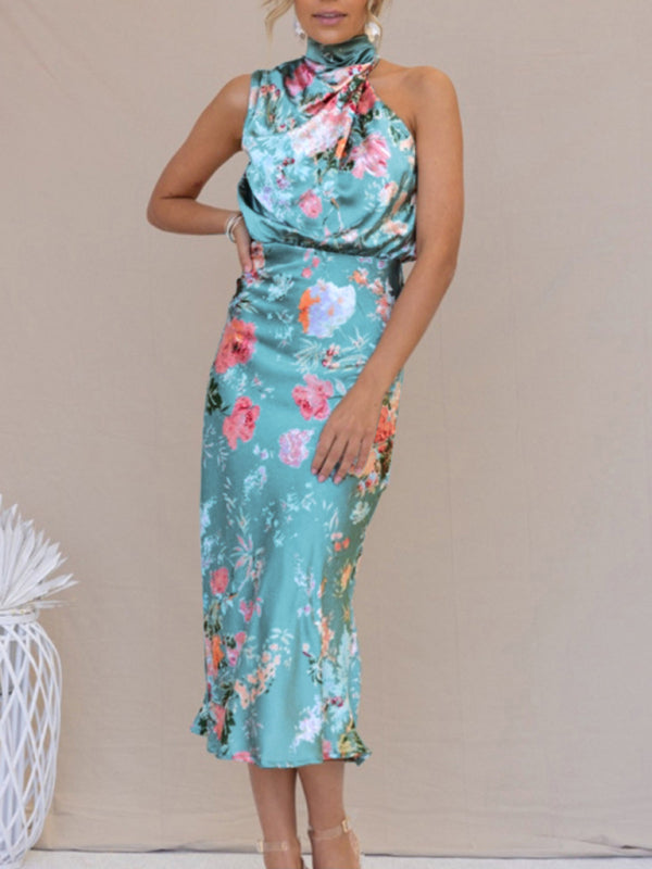 Halter Neck Satin Midi Dress with Floral Print Midi Dresses MyDresses 