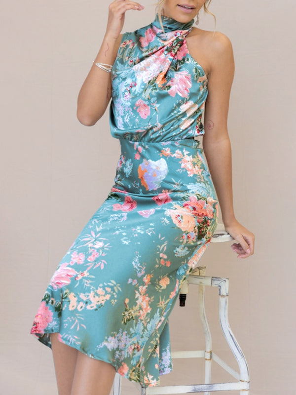 Halter Neck Satin Midi Dress with Floral Print Midi Dresses MyDresses 