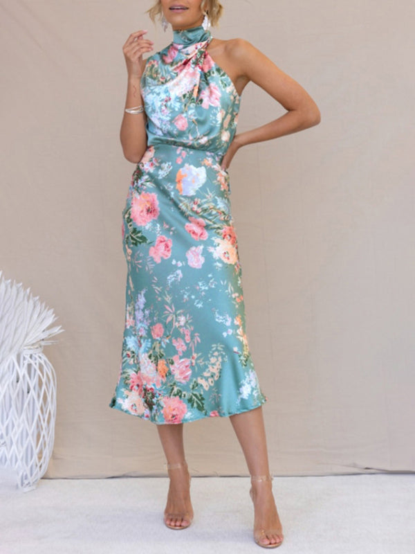 Halter Neck Satin Midi Dress with Floral Print Midi Dresses MyDresses Blue 8 | S 