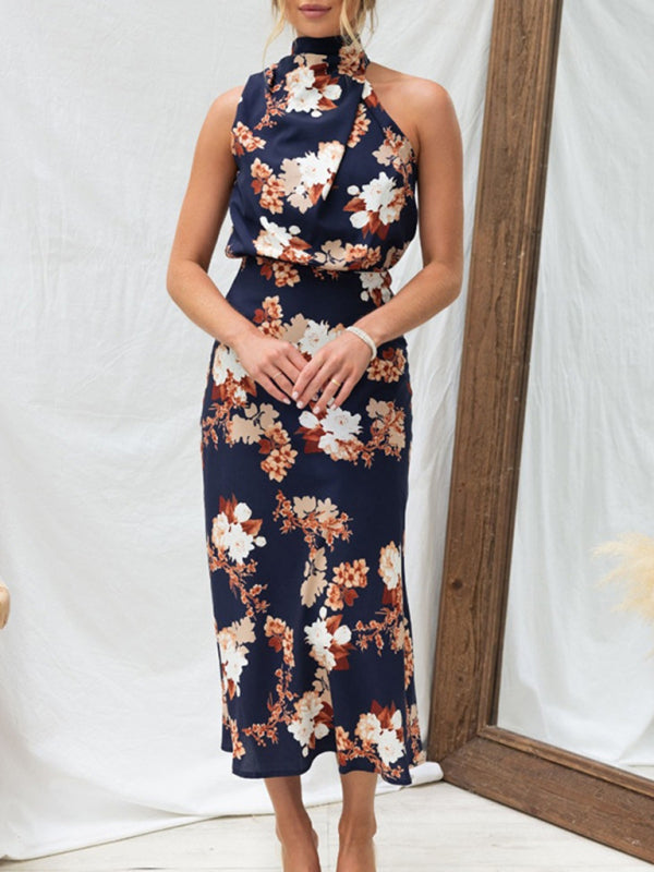 Halter Neck Satin Midi Dress with Floral Print Midi Dresses MyDresses Navy 8 | S 