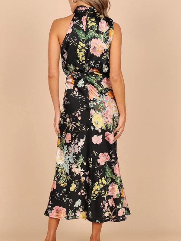 Halter Neck Satin Midi Dress with Floral Print Midi Dresses MyDresses 