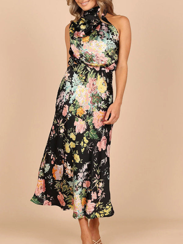 Halter Neck Satin Midi Dress with Floral Print Midi Dresses MyDresses 