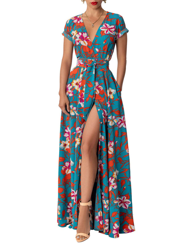 Floral Maxi Dress with Lace-Up Waist and High Slit Maxi Dresses MyDresses Blue 8 | S 