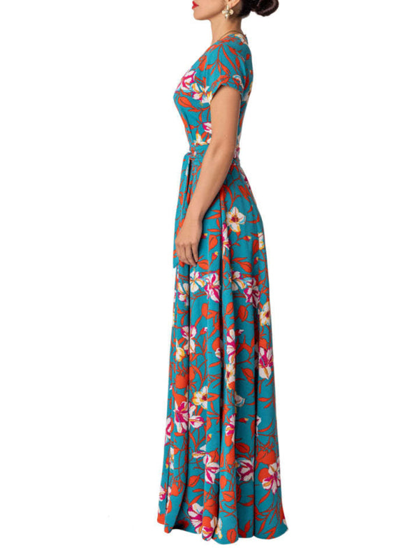 Floral Maxi Dress with Lace-Up Waist and High Slit Maxi Dresses MyDresses 