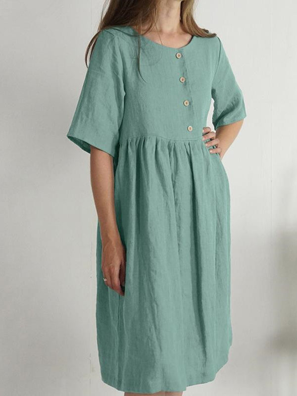 Button-Down Cotton Linen Dress with Pockets and Round Neck Mini Dresses MyDresses Light Green 8 | S 