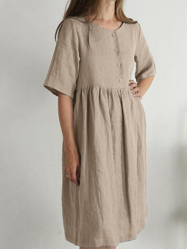 Button-Down Cotton Linen Dress with Pockets and Round Neck Mini Dresses MyDresses Khaki 8 | S 