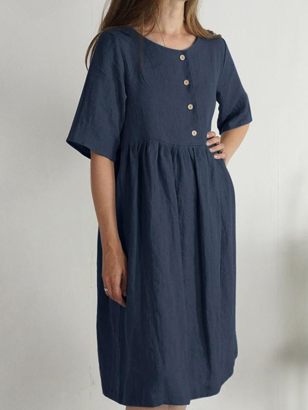 Button-Down Cotton Linen Dress with Pockets and Round Neck Mini Dresses MyDresses Dark Blue 8 | S 