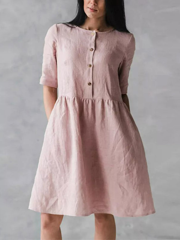 Button-Down Cotton Linen Dress with Pockets and Round Neck Mini Dresses MyDresses Pink 8 | S 