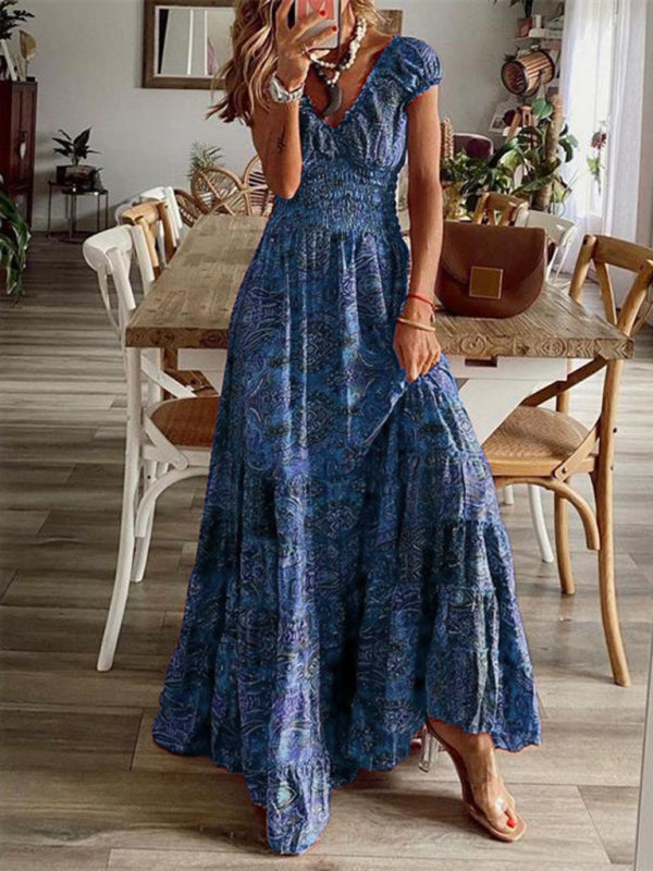 Bohemian Maxi Dress with Paisley Print and Smocked Waist Maxi Dresses MyDresses Blue 8 | S 