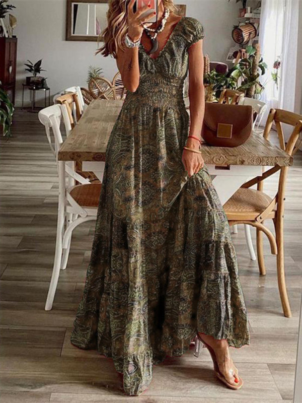 Bohemian Maxi Dress with Paisley Print and Smocked Waist Maxi Dresses MyDresses Brown 8 | S 