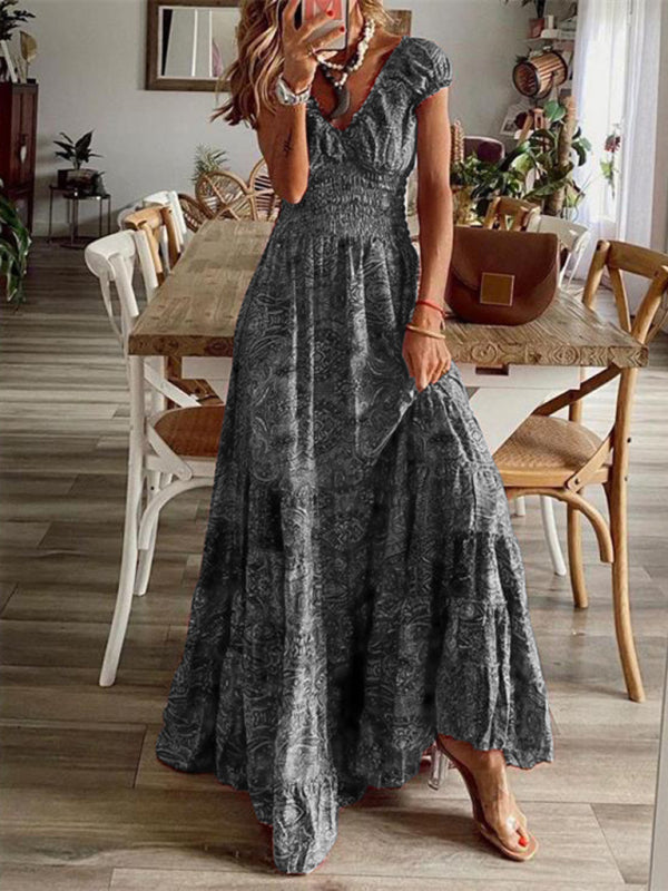 Bohemian Maxi Dress with Paisley Print and Smocked Waist Maxi Dresses MyDresses Grey 8 | S 