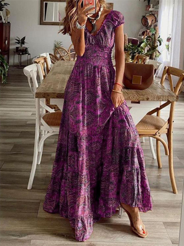 Bohemian Maxi Dress with Paisley Print and Smocked Waist Maxi Dresses MyDresses Purple 8 | S 