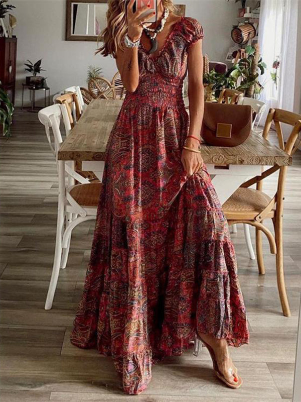 Bohemian Maxi Dress with Paisley Print and Smocked Waist Maxi Dresses MyDresses Red 8 | S 