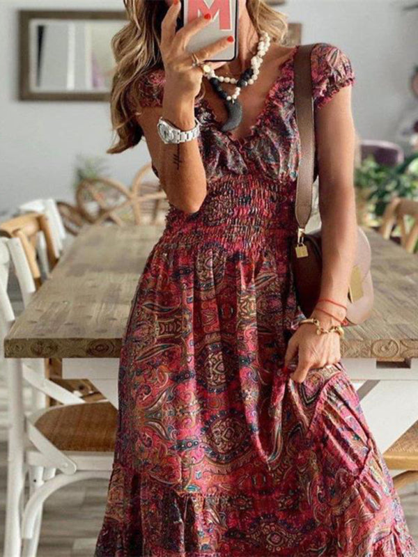 Bohemian Maxi Dress with Paisley Print and Smocked Waist Maxi Dresses MyDresses 