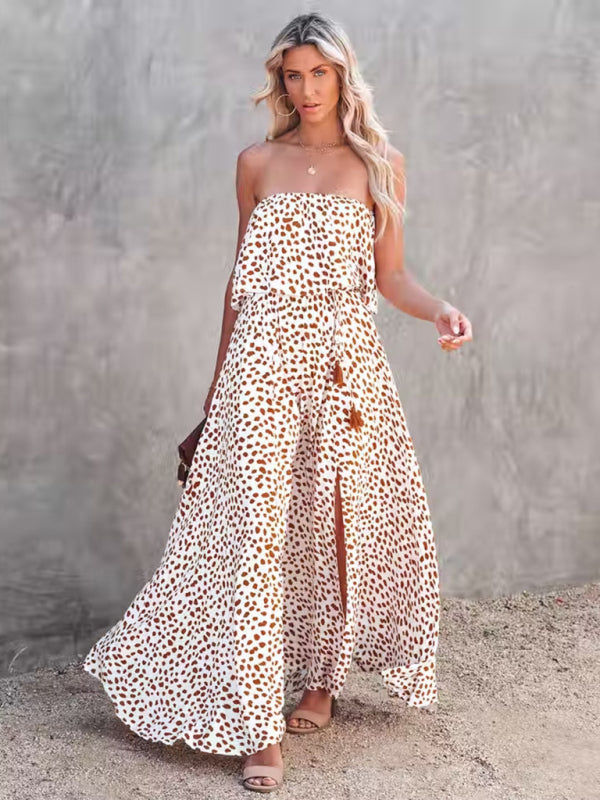 Leopard Print Maxi Dress with One-Shoulder Ruffle and Slit Maxi Dresses MyDresses Khaki 8 | S 