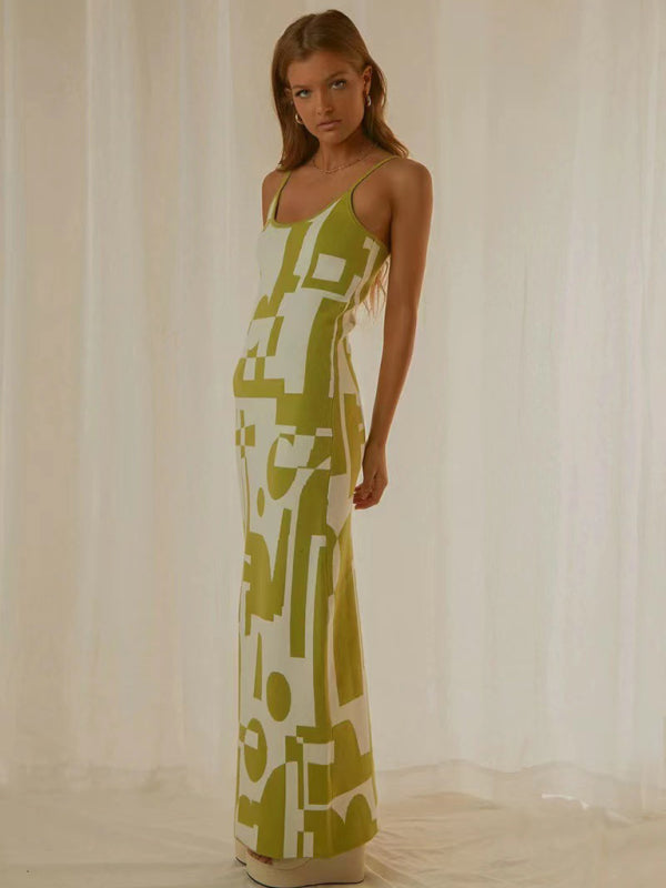 Geometric Print Slim-Fit Maxi Dress with Scoop Neckline Maxi Dresses MyDresses 