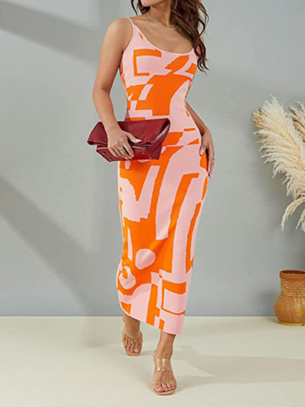 Geometric Print Slim-Fit Maxi Dress with Scoop Neckline Maxi Dresses MyDresses 