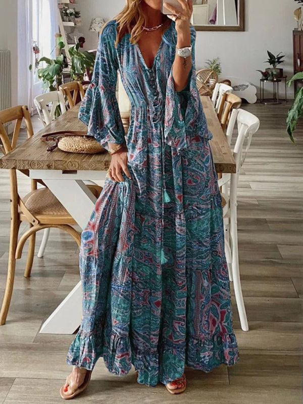 Bohemian Maxi Dress with Paisley Print and Trumpet Sleeves Maxi Dresses MyDresses Blue 8 | S 