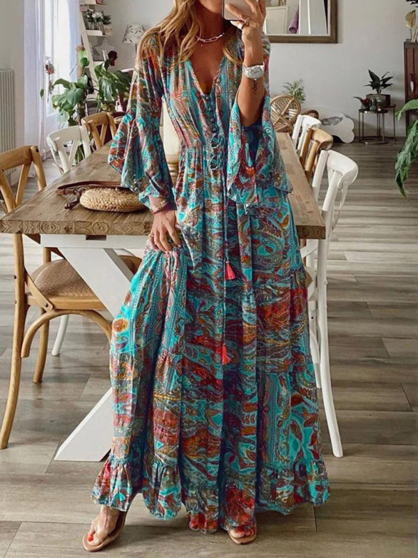 Bohemian Maxi Dress with Paisley Print and Trumpet Sleeves Maxi Dresses MyDresses Orange 8 | S 