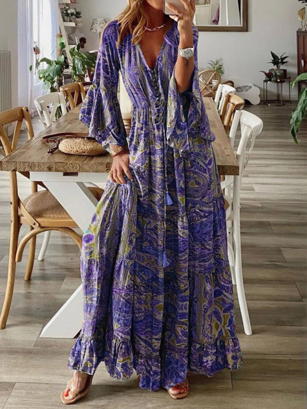 Bohemian Maxi Dress with Paisley Print and Trumpet Sleeves Maxi Dresses MyDresses Purple 8 | S 