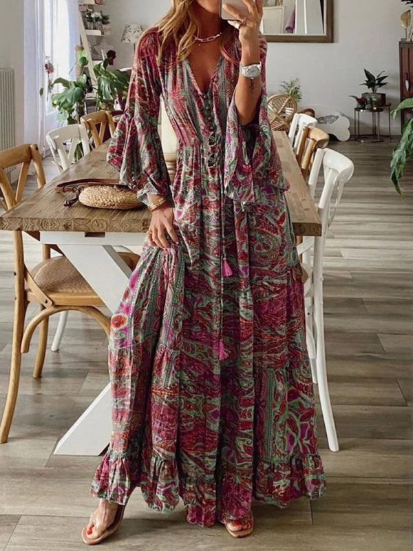 Bohemian Maxi Dress with Paisley Print and Trumpet Sleeves Maxi Dresses MyDresses Red 8 | S 