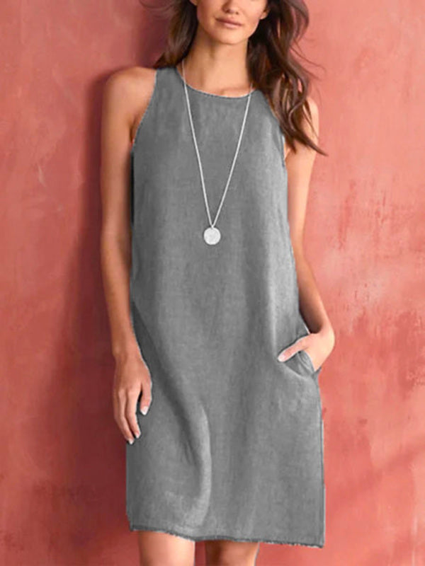 Comfortable Sleeveless Dress with Pockets and Round Neck Maxi Dresses MyDresses Grey 8 | S 