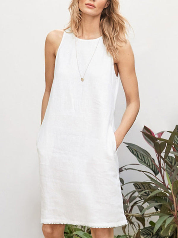 Comfortable Sleeveless Dress with Pockets and Round Neck Maxi Dresses MyDresses White 8 | S 