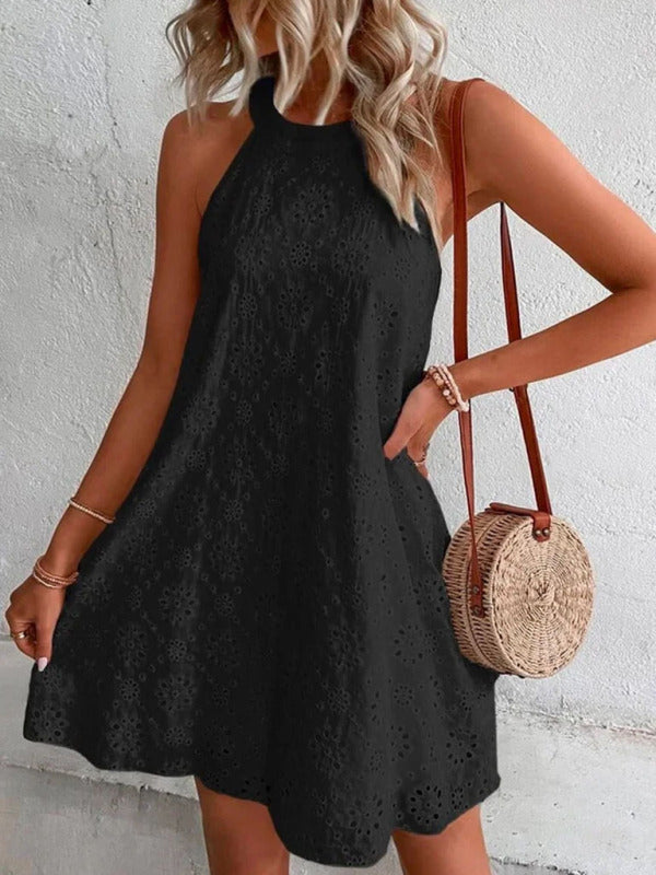 Eyelet Mini Dress with Halter Neckline and Floral Pattern Midi Dresses MyDresses Black 8 | S 