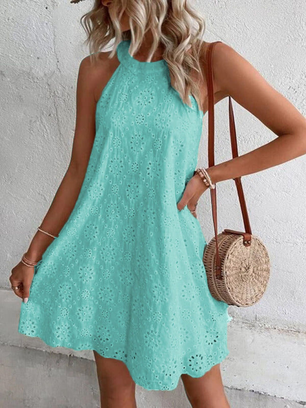 Eyelet Mini Dress with Halter Neckline and Floral Pattern Midi Dresses MyDresses Light Green 8 | S 