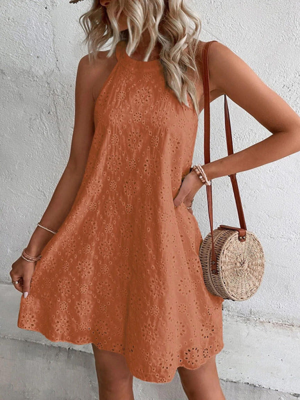 Eyelet Mini Dress with Halter Neckline and Floral Pattern Midi Dresses MyDresses Orange 8 | S 