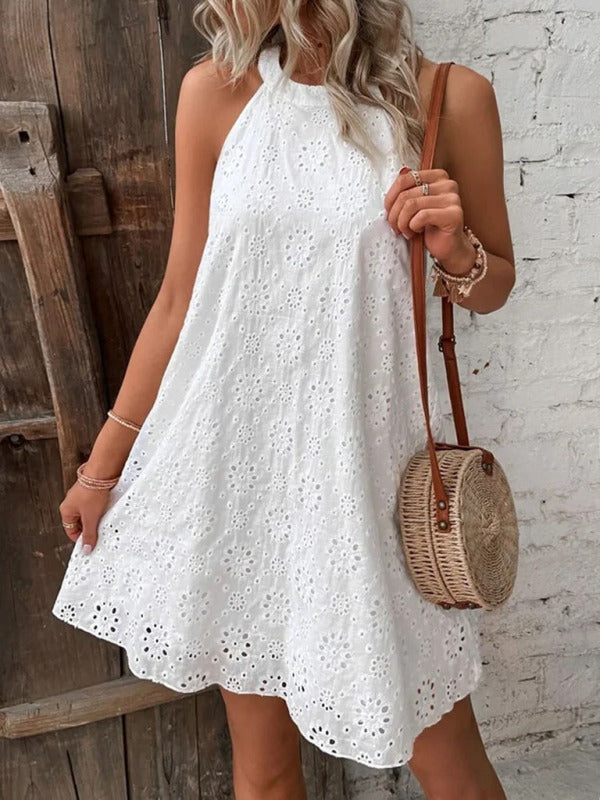 Eyelet Mini Dress with Halter Neckline and Floral Pattern Midi Dresses MyDresses 