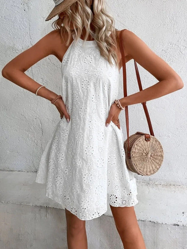 Eyelet Mini Dress with Halter Neckline and Floral Pattern Midi Dresses MyDresses 