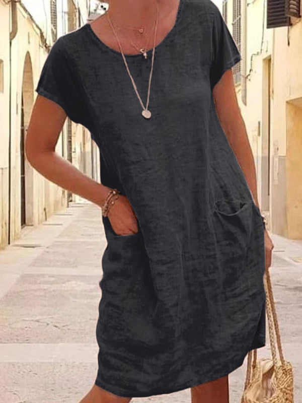 Loose Fit Cotton Linen Dress with Pockets Mini Dresses MyDresses Black 8 | S 