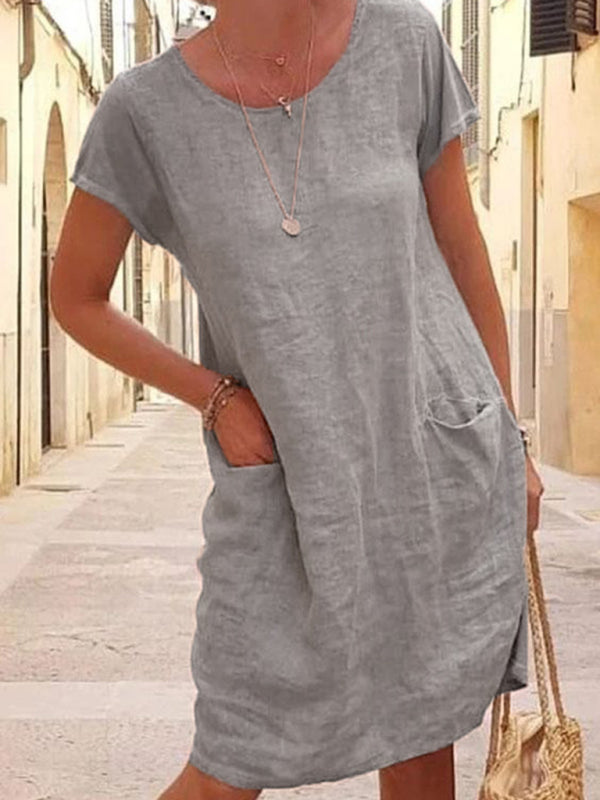 Loose Fit Cotton Linen Dress with Pockets Mini Dresses MyDresses Grey 8 | S 