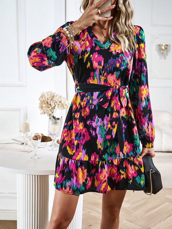 Abstract Print Mini Dress with V-Neck and Belted Waist Mini Dresses MyDresses 