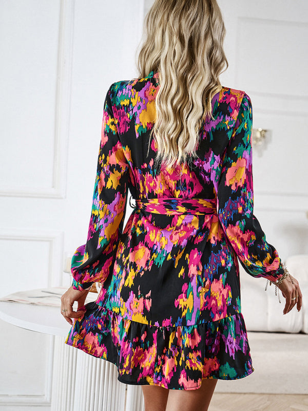 Abstract Print Mini Dress with V-Neck and Belted Waist Mini Dresses MyDresses 