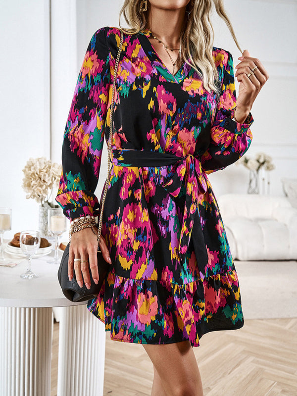 Abstract Print Mini Dress with V-Neck and Belted Waist Mini Dresses MyDresses 