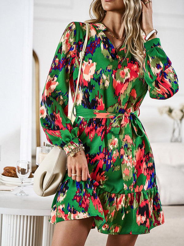 Abstract Print Mini Dress with V-Neck and Belted Waist Mini Dresses MyDresses Green 8 | S 