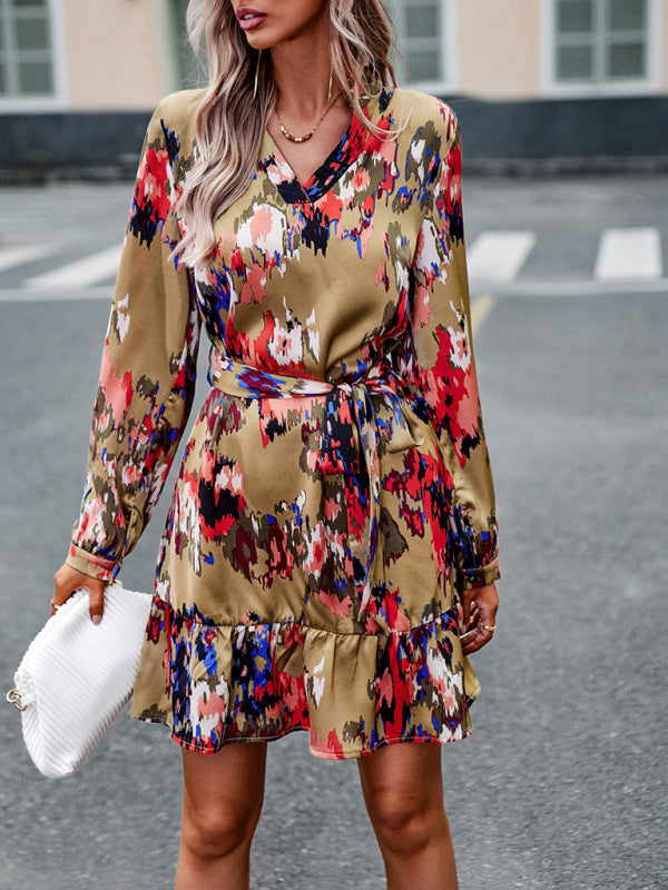 Abstract Print Mini Dress with V-Neck and Belted Waist Mini Dresses MyDresses 