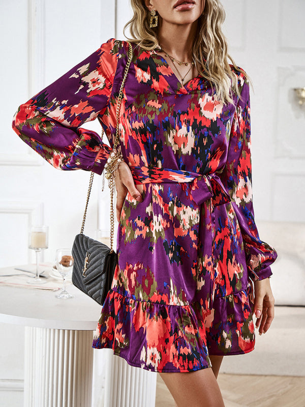 Abstract Print Mini Dress with V-Neck and Belted Waist Mini Dresses MyDresses Purple 8 | S 