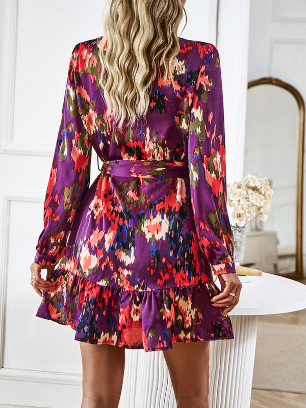 Abstract Print Mini Dress with V-Neck and Belted Waist Mini Dresses MyDresses 